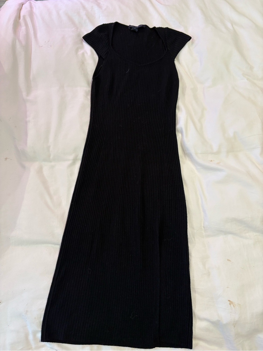 French Connection Black Ribbed Cap-Sleeve Maxi Dress